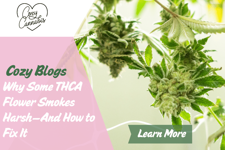 Close-up of trichome-covered THCA cannabis buds next to a Cozy Cannabis blog banner reading "Why Some THCA Flower Smokes Harsh—And How to Fix It."