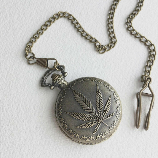 Cannabis Pocket Watch - Vintage Inspired Bronze Weed Leaf