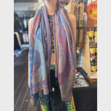 Navy Blue/Rainbow Reversable Peacock Pashmina