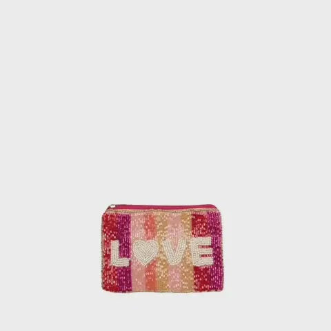 Pink Striped Love Beaded Mini Pouch
