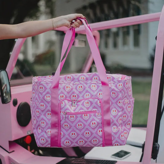 Red Happy Face Pink Foldable Large Tote Bag