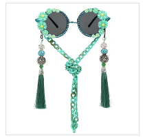 Rhinestone Flower Funglasses with Tassels and Chain