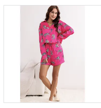 Cheetah Print Satin Shirt and Shorts Lounge Set / Pink