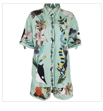 Vintage Print Shirt Shorts 2 Piece Set