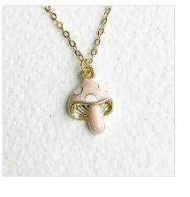 16K Gold Pink Mushroom Enamel Charm Necklace