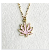 16K Gold Pink Weed Leaf Enamel Necklace 420 Cannabis