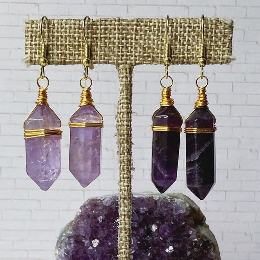 Amethyst Wire Wrapped Double Terminated Gold Crystal Point Earrings