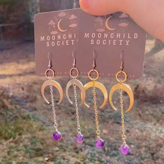 Amethyst + Silver Crescent Moon Dangle Earrings