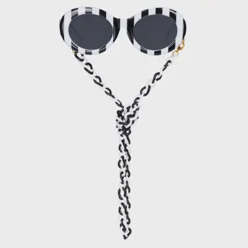 Black and White Oval Funglasses with Neck Chain