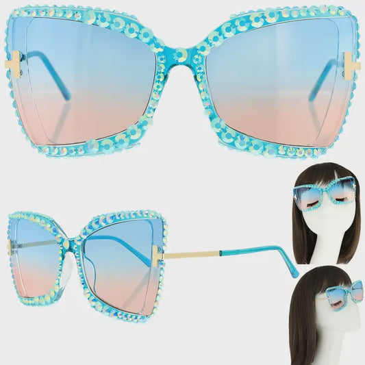 Sparkling Rhinestone Thick Rim Cat Eye Sunglasses