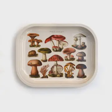 Small Metal Tan Mushroom Ritual Tray / Vintage Fungi Print