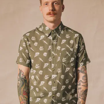 Pizza Slayer Tattoo Flash Casual Button Up Shirt Mens & Womens