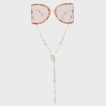 Retro Inspired Rhinestone Funglasses with Gold Chain