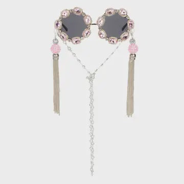 Round Pink Rhinestone Funglasses with Tassels and Chain