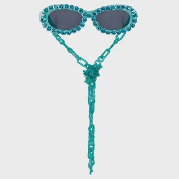 Oval Turquoise Funglasses with Rhinestones and Chain