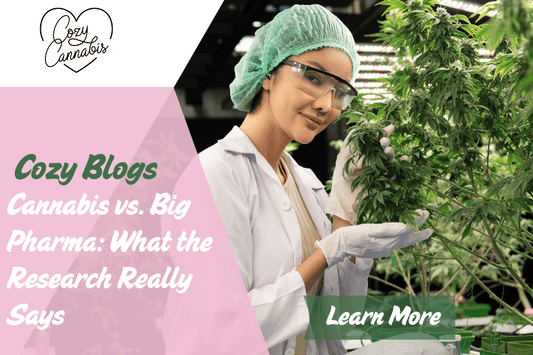 A female scientist in a lab coat and hairnet examines a cannabis plant in a greenhouse. Overlaid text reads: “Cozy Blogs – Cannabis vs. Big Pharma: What the Research Really Says.”