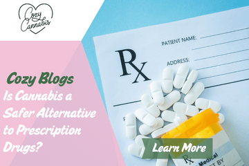 Prescription pad with white pills and a cannabis leaf overlay, with the blog title "Is Cannabis a Safer Alternative to Prescription Drugs?" on a pink banner.