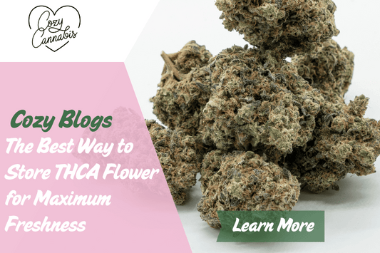 Close-up of THCA flower buds piled together, showcasing frosty trichomes and dense structure, featured on Cozy Cannabis blog about storing cannabis for maximum freshness.