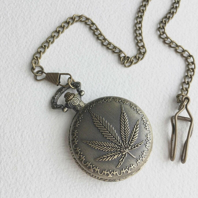 Cannabis Pocket Watch - Vintage Inspired Bronze Weed Leaf