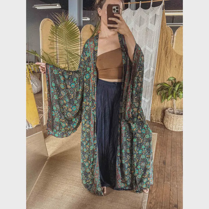 Boho Silk Bell Sleeve Long Maxi Kimono
