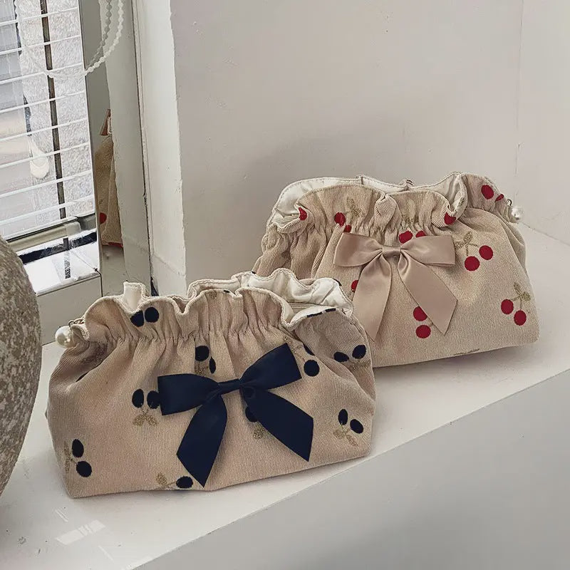Corduroy Cherry Bow Cosmetic Bag
