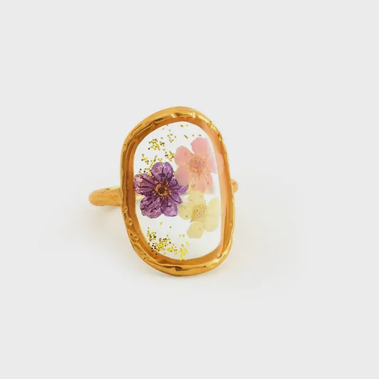 Adjustable Open Ring with Dried Flowers