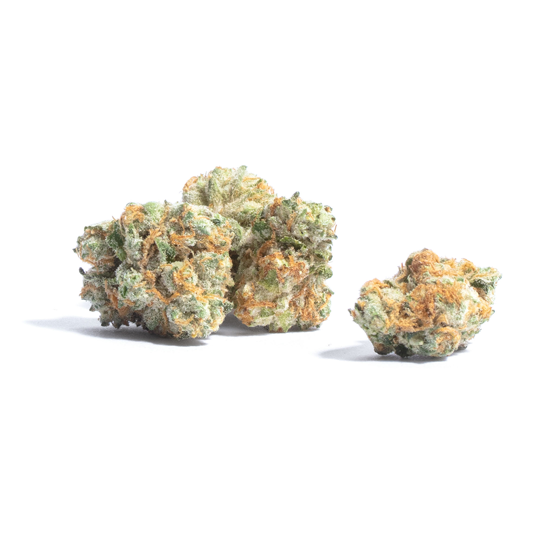 Three clumps of green and orange cannabis buds on a white background